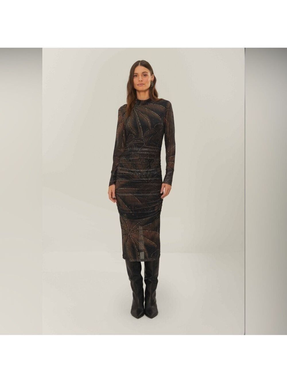 Farm Rio Black Golden Foliage Tulle Midi Dress